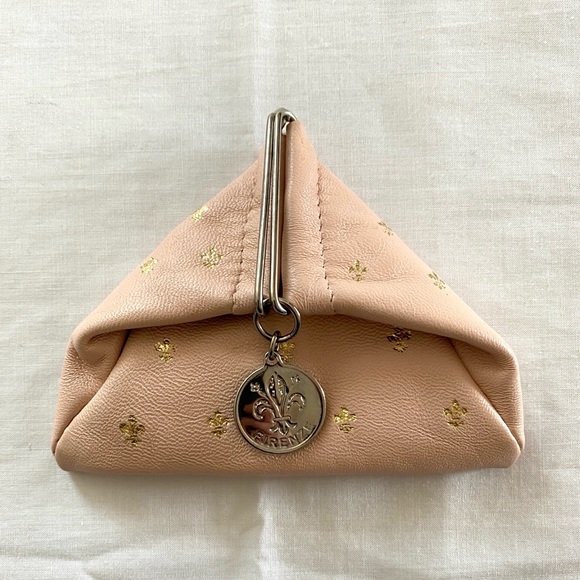 Triangle Fold Italian Leather Coin Purse Florence Firenze Pink Fleur de Lis - Picture 2 of 12